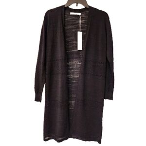 One grey day open front long cardigan with open knit design in black